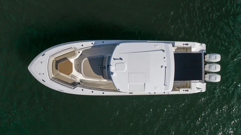  Yacht Photos Pics Aerial view of 2019 Boston Whaler 380 Outrage boat on water.