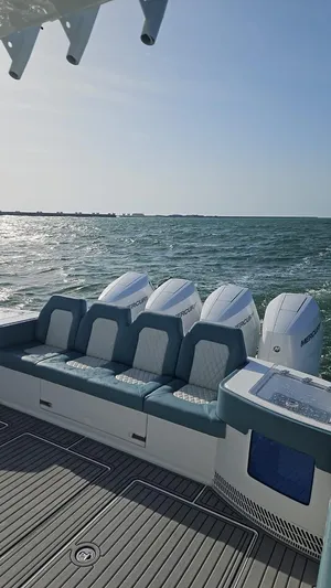  Yacht Photos Pics Custom FALCON 510 boat, 2025 model, with multiple outboard engines on open water.