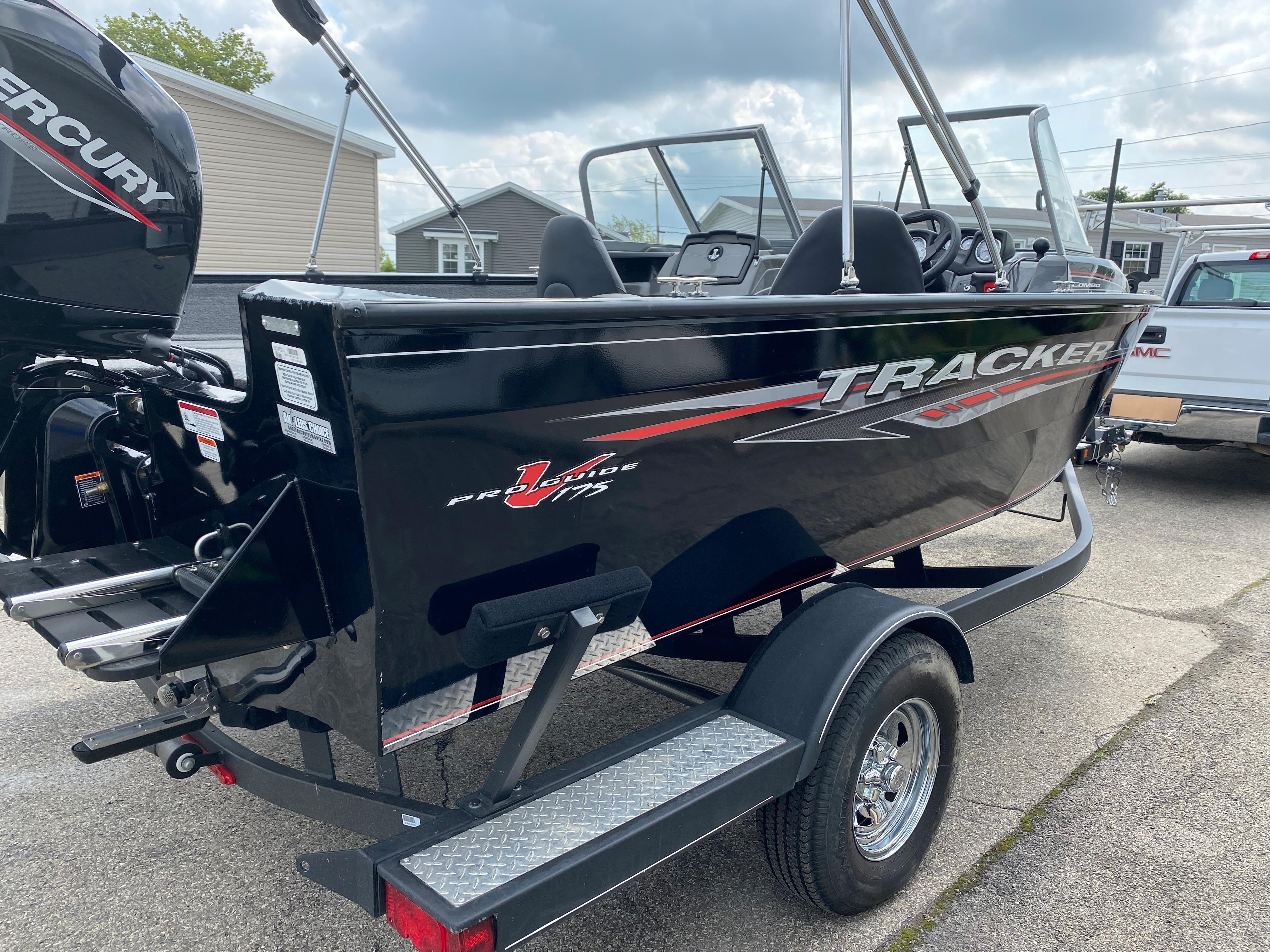 2020 Tracker Pro Guide V175 boat on trailer, rear view.