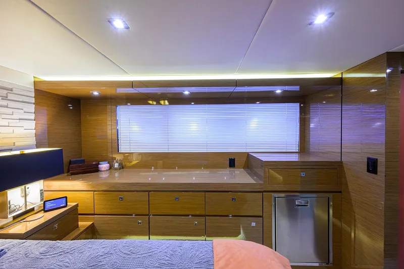 Unorthodocs Yacht Photos Pics Luxurious interior of 2018 Cruisers 60 Cantius Fly yacht with modern wood finish.