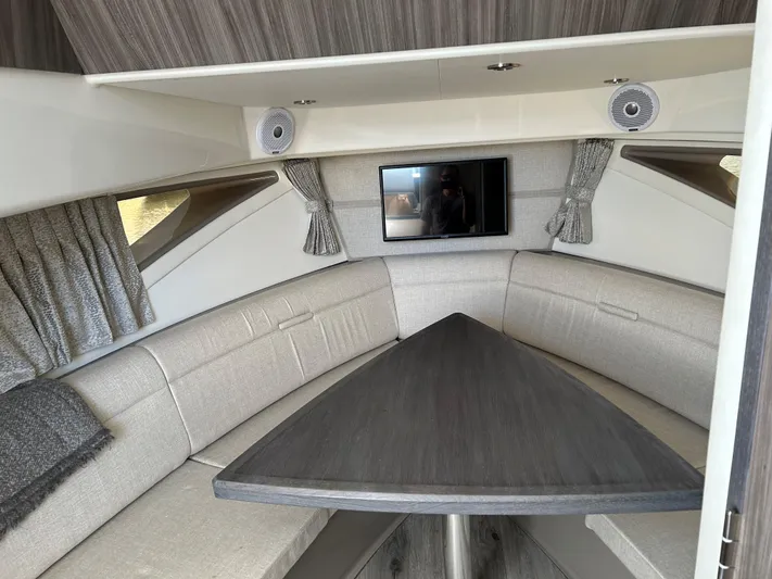  Yacht Photos Pics Interior of 2021 Sea Ray 320 DA with modern seating and TV.