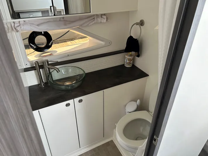  Yacht Photos Pics Modern bathroom in 2021 Sea Ray 320 DA boat with glass sink and toilet.