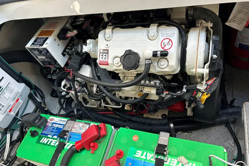  Yacht Photos Pics Engine compartment of a 2021 Sea Ray 320 DA boat with Interstate batteries.