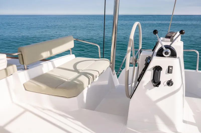 Azurea Yacht Photos Pics Modern Bali 4.6 yacht helm with seating, overlooking serene ocean waters, 2026 model.