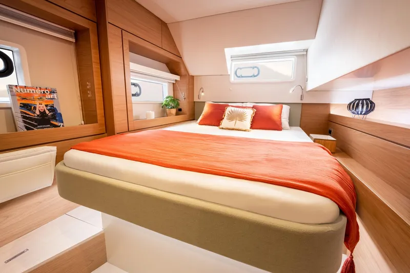 Azurea Yacht Photos Pics Luxurious Bali 4.6 yacht bedroom interior, 2026 model, with modern decor and vibrant accents.