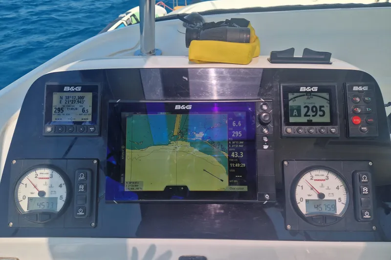 Eadan Doire Yacht Photos Pics Navigation dashboard of a 2017 Lagoon 42 catamaran with B&G instruments.