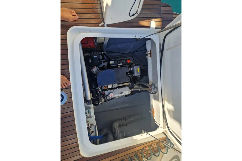 Eadan Doire Yacht Photos Pics Engine compartment of a 2017 Lagoon 42 catamaran with visible mechanical components.