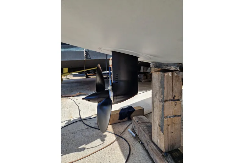 Eadan Doire Yacht Photos Pics Propeller of a 2017 Lagoon 42 catamaran on dry dock.