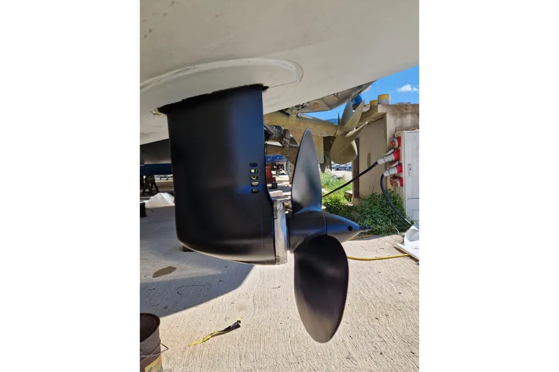 Eadan Doire Yacht Photos Pics Close-up of a 2017 Lagoon 42 sailboat propeller on a sunny day.