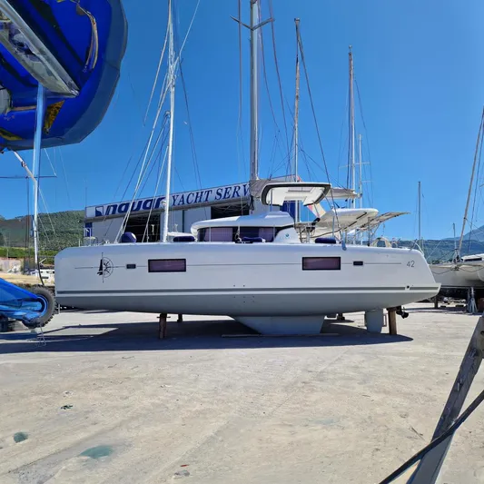 Eadan Doire Yacht Photos Pics 2017 Lagoon 42 catamaran on dry dock at yacht service facility.