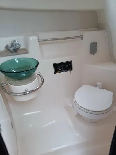 Gracie Yacht Photos Pics 2009 Pursuit 310 OS boat bathroom with modern sink and toilet.