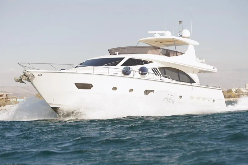 M/y Em-es II Yacht Photos Pics 2013 Ferretti Yachts 750 HT cruising on open water, showcasing sleek design and luxury.