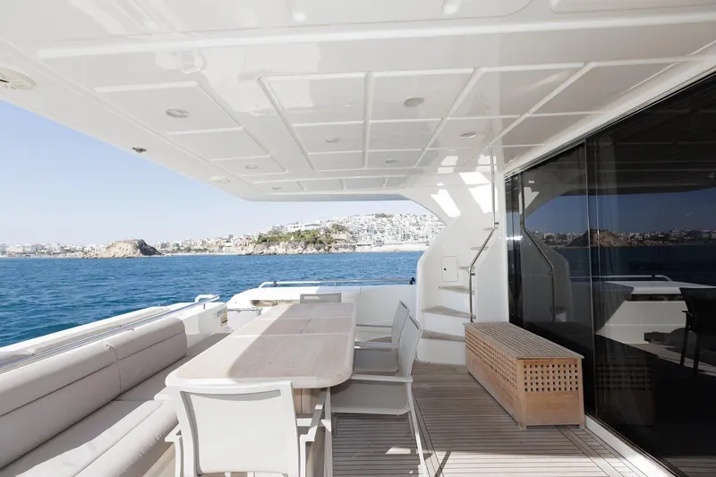 M/y Em-es II Yacht Photos Pics Luxurious 2013 Ferretti Yachts 750 HT deck with ocean view and elegant seating area.