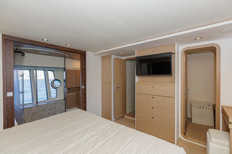 M/y Em-es II Yacht Photos Pics Luxurious interior of 2013 Ferretti Yachts 750 HT with modern furnishings and sea view.