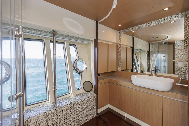 M/y Em-es II Yacht Photos Pics Luxurious bathroom interior of 2013 Ferretti Yachts 750 HT with modern fixtures and ocean view.