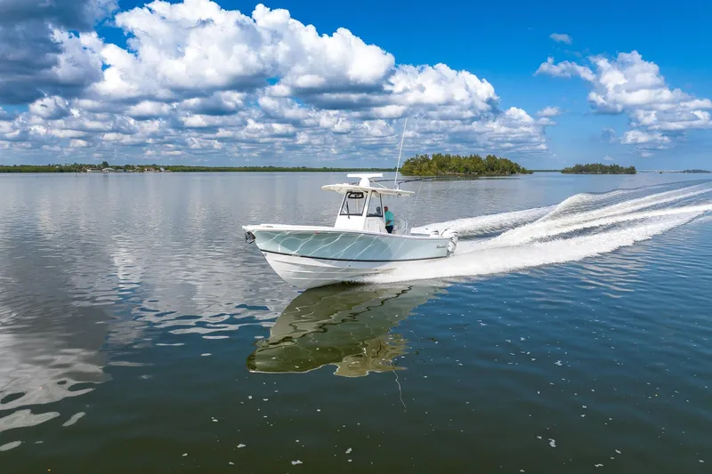  Yacht Photos Pics 2021 Regulator 31 boat cruising on calm water under a partly cloudy sky.