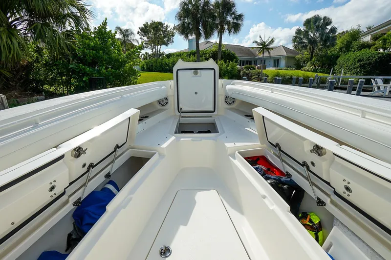  Yacht Photos Pics 2021 Regulator 31 boat interior with open storage compartments, surrounded by lush greenery.