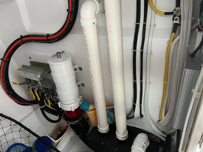 Lady Grace Yacht Photos Pics Engine room of 2022 Wesmac 38 boat with pipes and wiring.