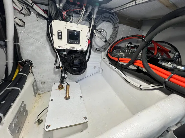 Lady Grace Yacht Photos Pics Engine room of 2022 Wesmac 38 boat with control panel and wiring.