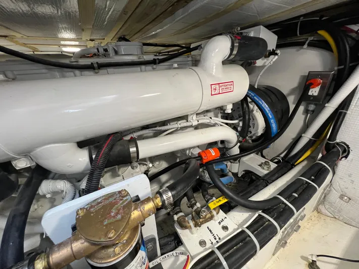 Lady Grace Yacht Photos Pics Engine room of 2022 Wesmac 38 boat, showcasing detailed mechanical components.