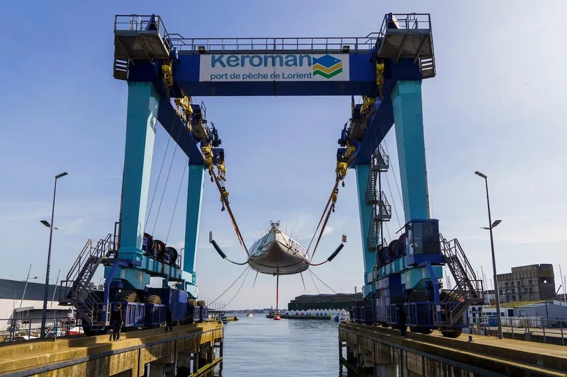 Prysmian Yacht Photos Pics Imoca 60 sailboat by Multiplast, 2015, lifted at Keroman port, Lorient.