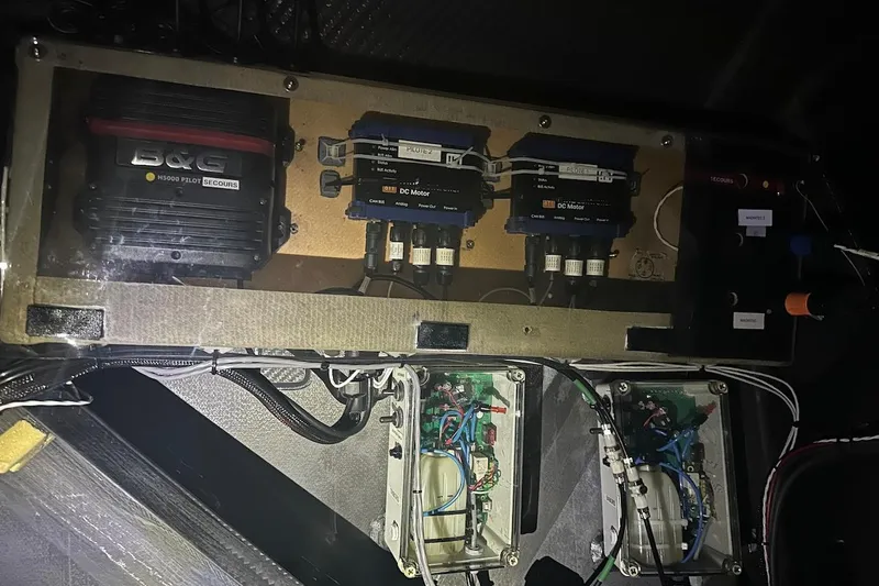 Prysmian Yacht Photos Pics Electrical panel inside a 2015 Multiplast Imoca 60 yacht, featuring B&G equipment.