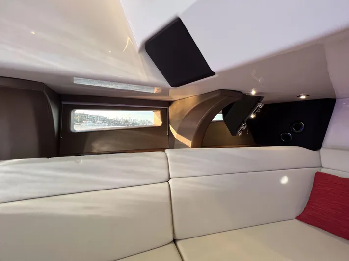  Yacht Photos Pics Interior of 2023 Boston Whaler 420 Outrage, featuring sleek design and comfortable seating.