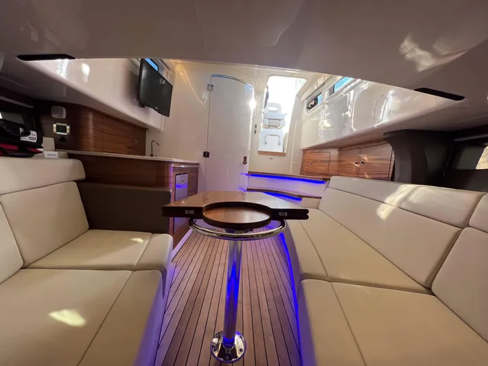  Yacht Photos Pics Luxurious interior of 2023 Boston Whaler 420 Outrage with elegant seating and modern amenities.