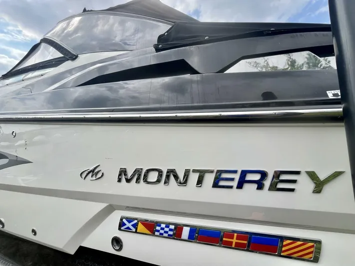  Yacht Photos Pics 2012 Monterey 328 SS boat with nautical flags and sleek design.