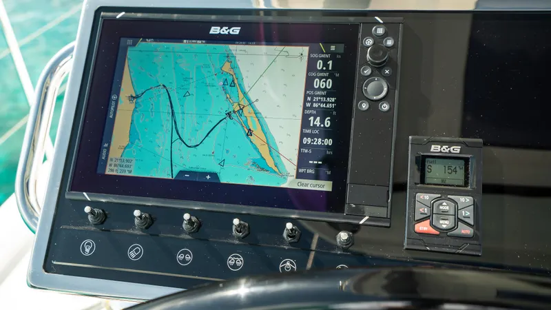 Gwint Yacht Photos Pics Navigation system on 2019 Beneteau Oceanis Yacht 62, displaying nautical chart.