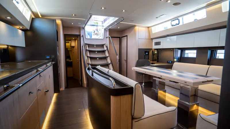 Gwint Yacht Photos Pics Luxurious interior of 2019 Beneteau Oceanis Yacht 62 with modern design and elegant furnishings.