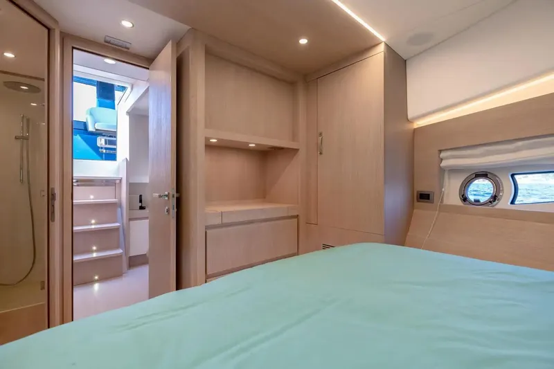 Yacht Photos Pics Luxurious interior of 2021 Solaris Power 48 OPEN yacht cabin with modern design.