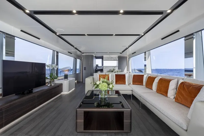  Yacht Photos Pics Luxurious interior of 2024 Astondoa AS8 yacht with modern furnishings and ocean view.