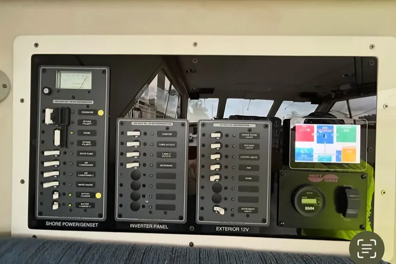  Yacht Photos Pics Electrical control panel on a 2001 Zeta 32 Power Cat boat.