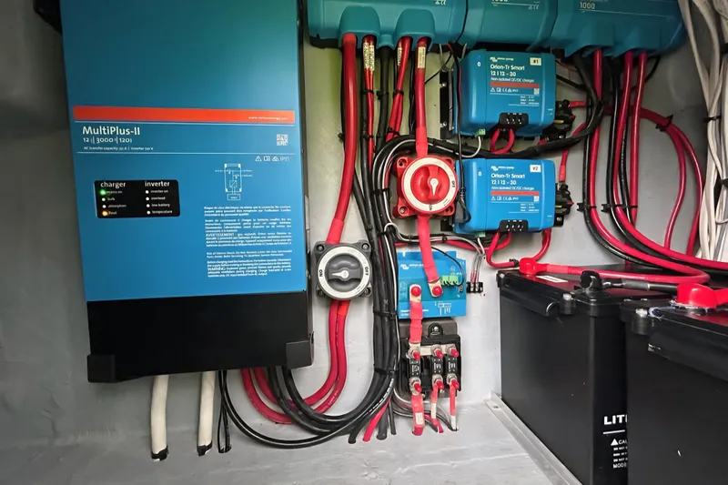  Yacht Photos Pics Electrical system setup in a 2001 Zeta 32 Power Cat, featuring MultiPlus-II inverter and batteries.