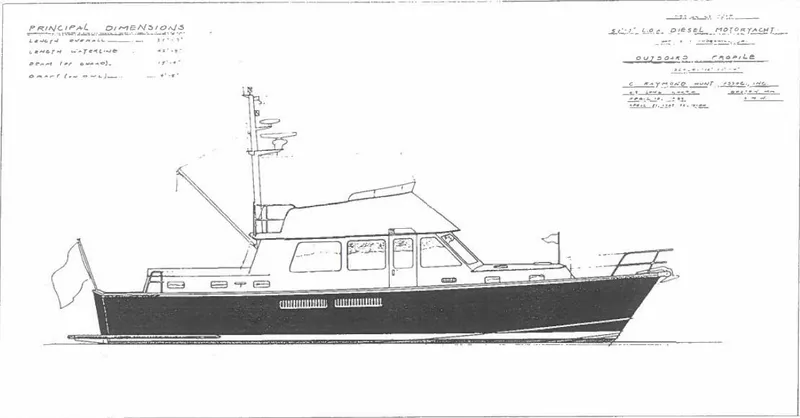 Southerly Yacht Photos Pics Blueprint of 1990 Lyman-Morse 52 motor yacht, side profile view with dimensions.