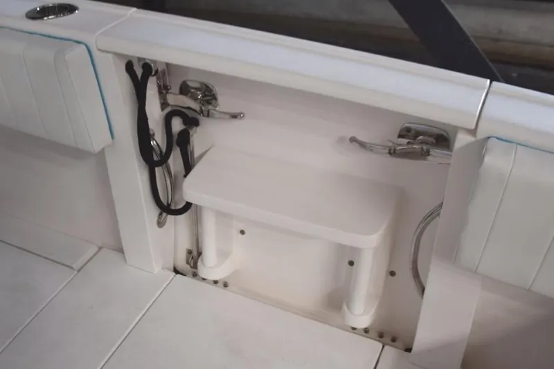 Oz Yacht Photos Pics Fold-down transom door with stainless grab rails to sides of opening.