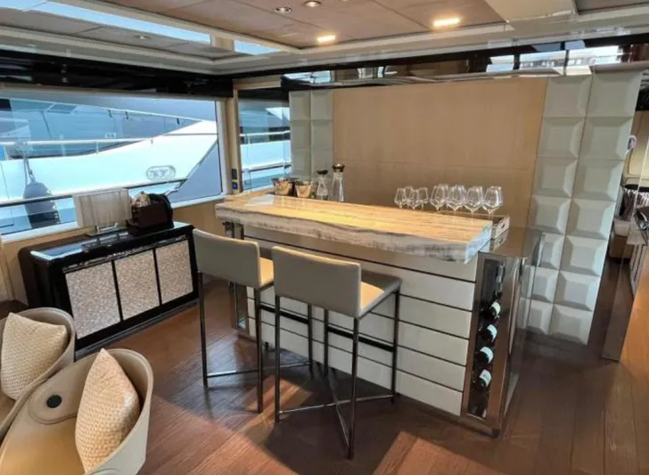 Yacht Photos Pics Luxurious interior of 2017 Dominator Ilumen 28 yacht with elegant bar and seating area.