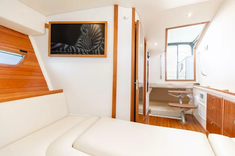 New Mjm 4 Yacht Photos Pics Luxurious interior of 2025 MJM 4 yacht with modern decor and zebra artwork.