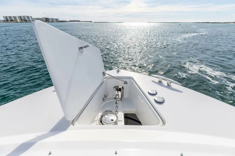 New Mjm 4 Yacht Photos Pics Bow of 2025 MJM 4 yacht with open anchor hatch on sunny ocean.