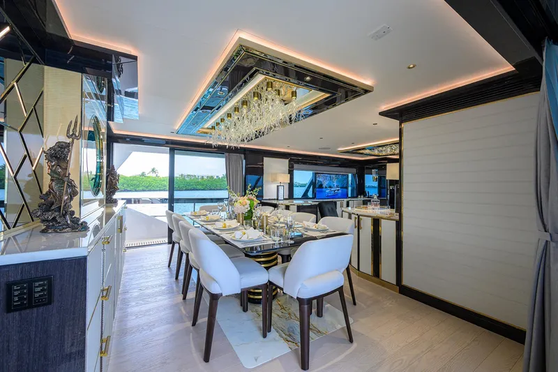  Yacht Photos Pics Luxurious interior of 2024 Sirena 88 yacht with elegant dining area and modern decor.