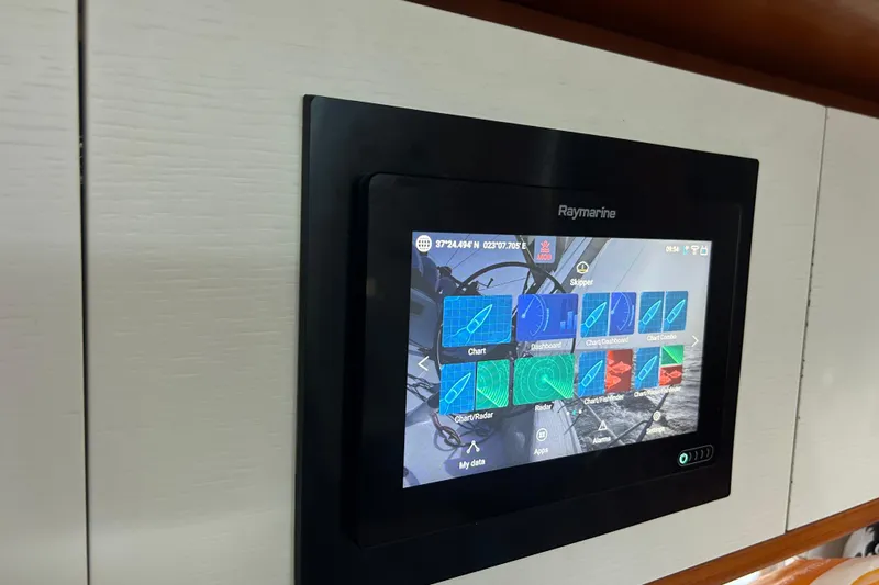 Deiopea Yacht Photos Pics Raymarine navigation display on 2013 Italia Yachts IY13.98, showing charts and radar interface.