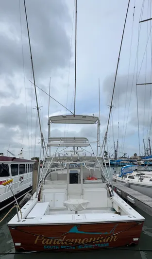 Pandemonium Yacht Photos Pics 2000 Liberty 42 Express boat docked under cloudy skies.