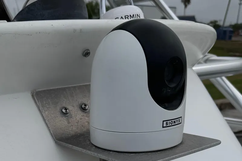 Pandemonium Yacht Photos Pics SIONYX camera mounted on a 2000 Liberty 42 Express boat, with Garmin equipment visible.