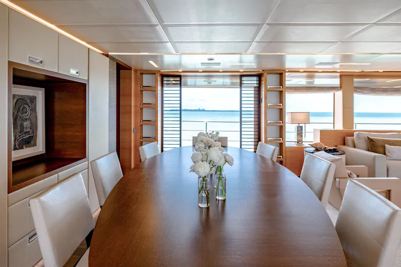 Patience Yacht Photos Pics Luxurious dining area on 2012 Benetti Classic Supreme 132 yacht with ocean view.