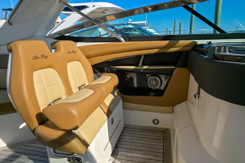 Yacht Photos Pics Interior of 2015 Sea Ray 350 SLX boat with tan leather seating.