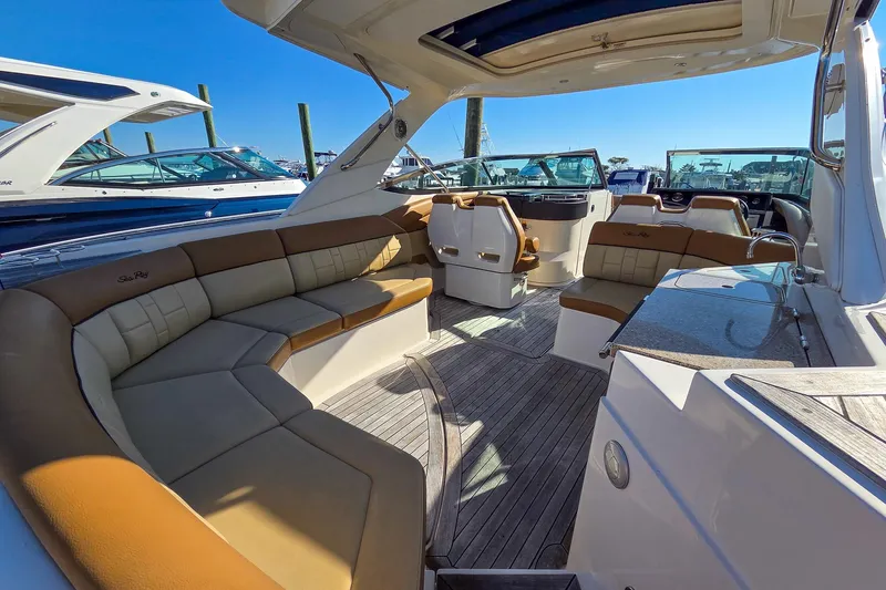 Yacht Photos Pics 2015 Sea Ray 350 SLX boat interior with luxurious seating and modern design.
