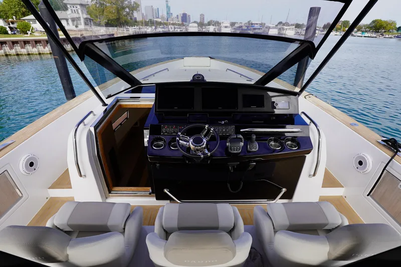  Yacht Photos Pics Cockpit of 2023 Pardo Yachts model, featuring modern controls and luxurious seating.