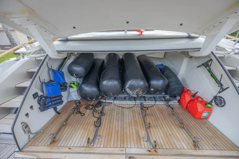  Yacht Photos Pics Storage area of a 2010 Lazzara LSX 92 yacht with equipment and supplies.