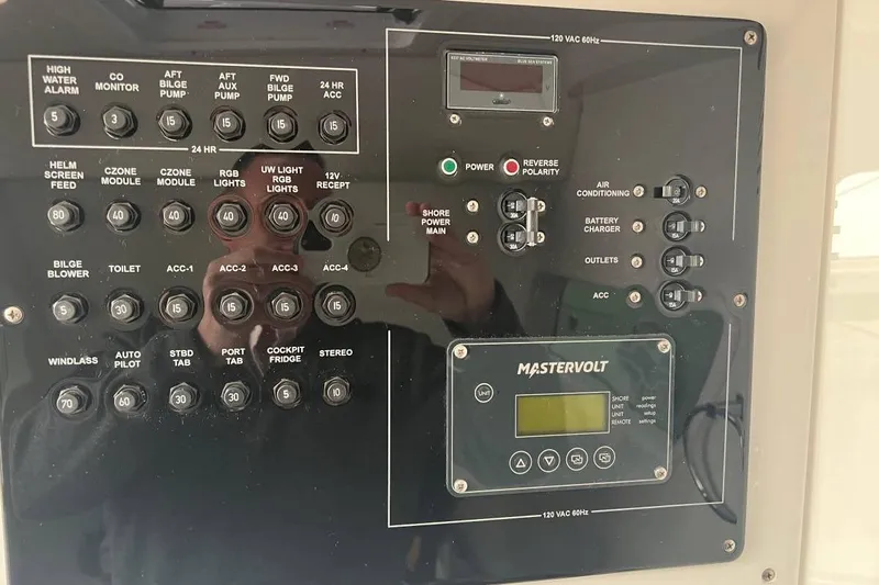  Yacht Photos Pics Control panel of a 2025 Fountain 38 SCX boat with Mastervolt system.